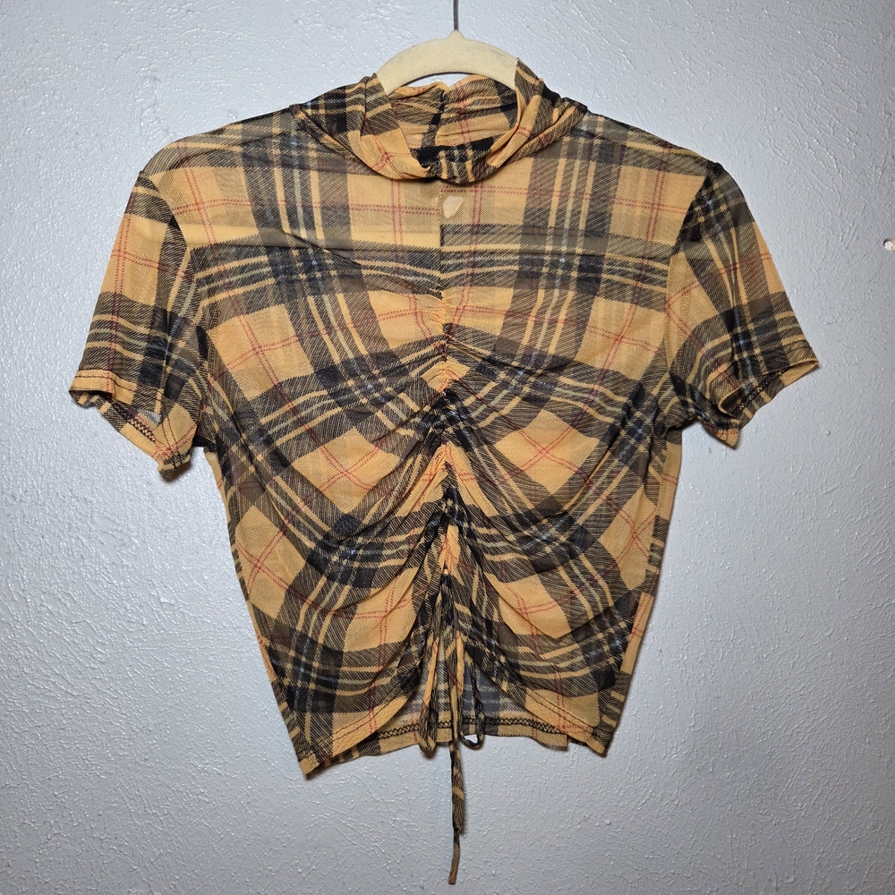 Yellow Plaid Crop Top with Drawstring